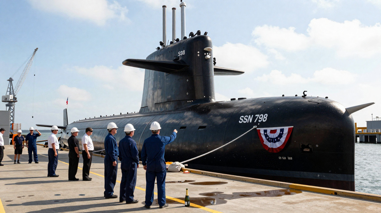 Submarino da Marinha SSN 798 atracado no porto com equipe em pé ao lado em dia ensolarado.