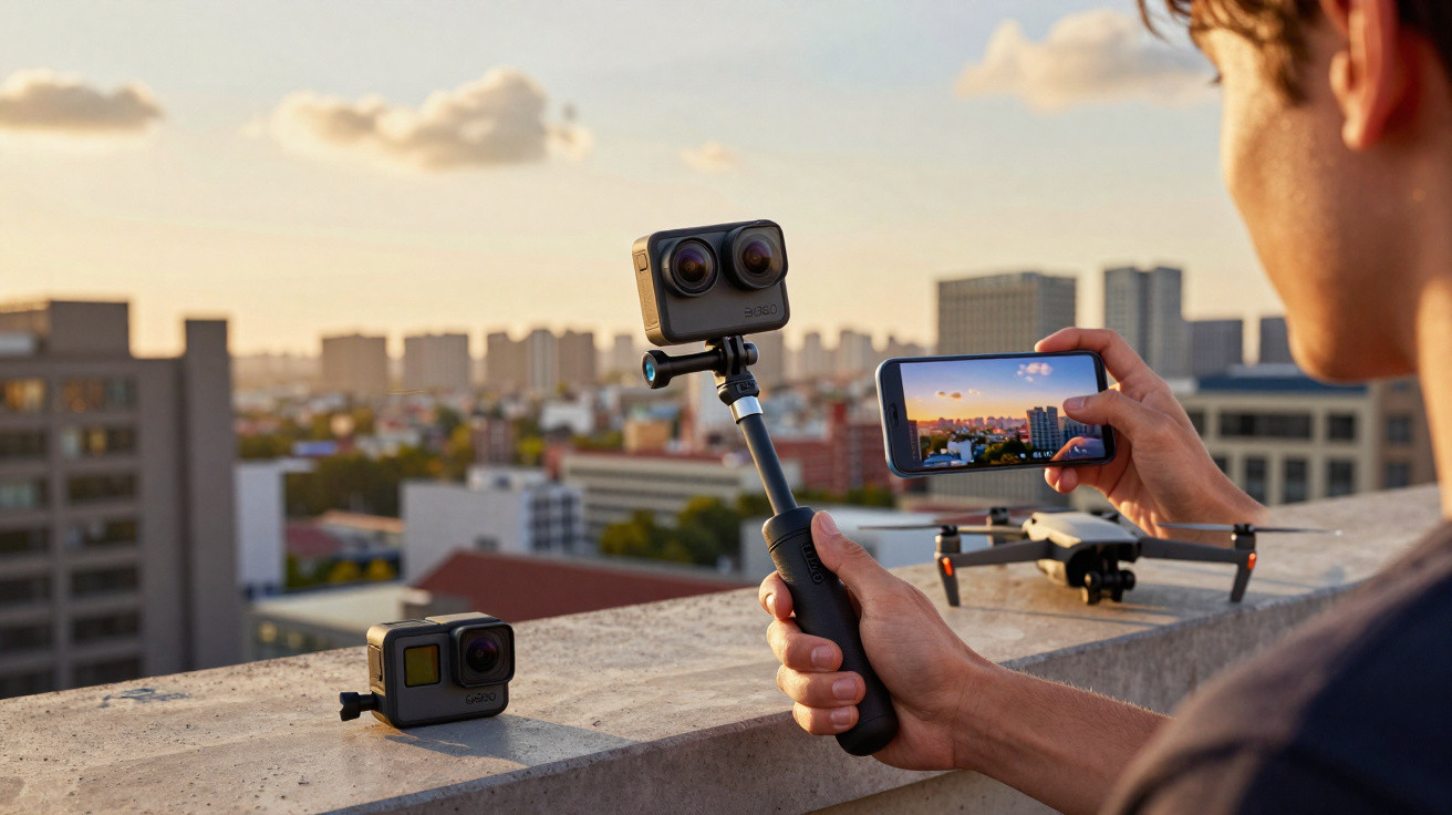 Pessoa segurando câmera 360º em bastão enquanto grava pôr do sol em cenário urbano, com drone e outra câmera na mureta.