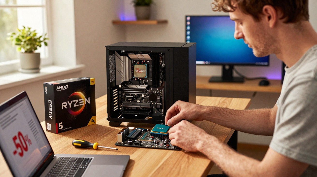 Homem monta computador com processador AMD Ryzen em mesa com notebook e monitor ao fundo.