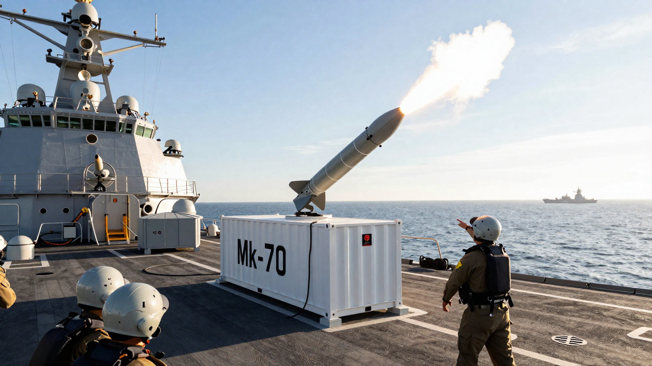 Soldados em navio militar operam míssil lançando fogo sobre o mar em dia claro.