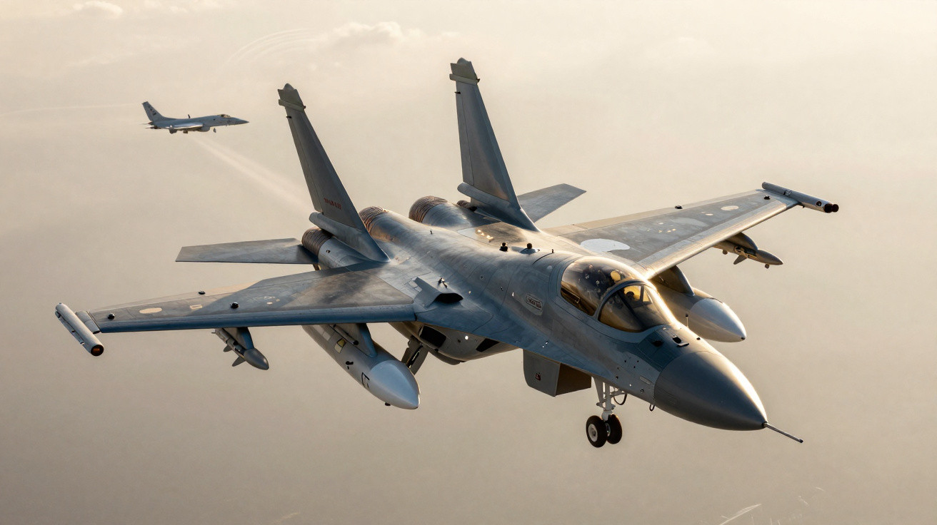 Dois aviões militares em voo, com céu claro ao fundo e luz do sol refletida nas aeronaves.
