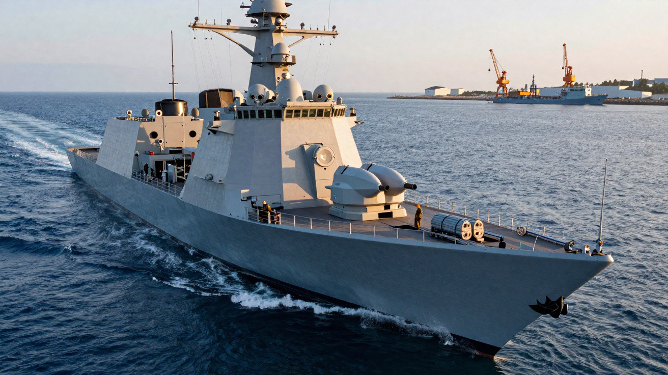 Destróier militar cinza navegando no mar próximo a docas com guindastes e outro navio ao fundo.