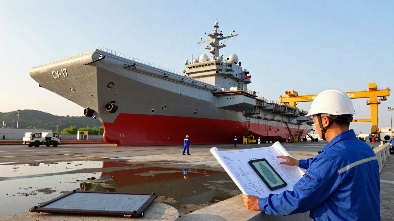 Engenheiro com capacete revisa planta próxima a grande navio de guerra no porto durante o dia.