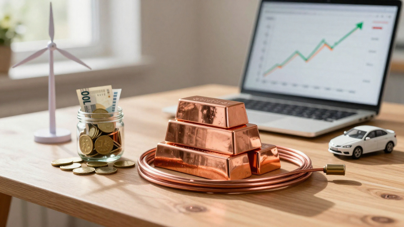 Mesa com barras de cobre, pote com moedas e dinheiro, modelo de turbina e notebook com gráfico de crescimento.