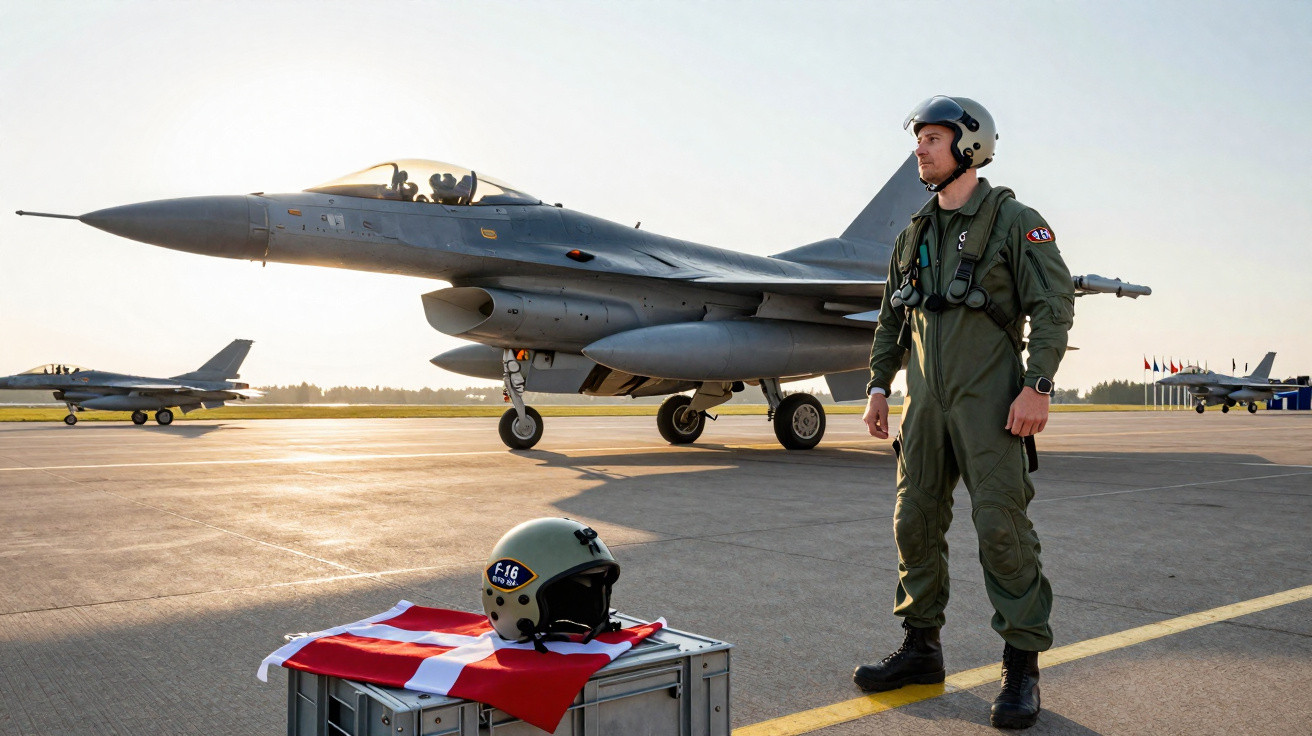 Piloto militar de uniforma verde com capacete ao lado de caça F-16 em pista ao pôr do sol.
