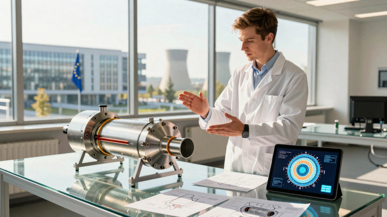 Cientista em laboratório explicando protótipo de dispositivo tecnológico com desenhos técnicos e tablet.