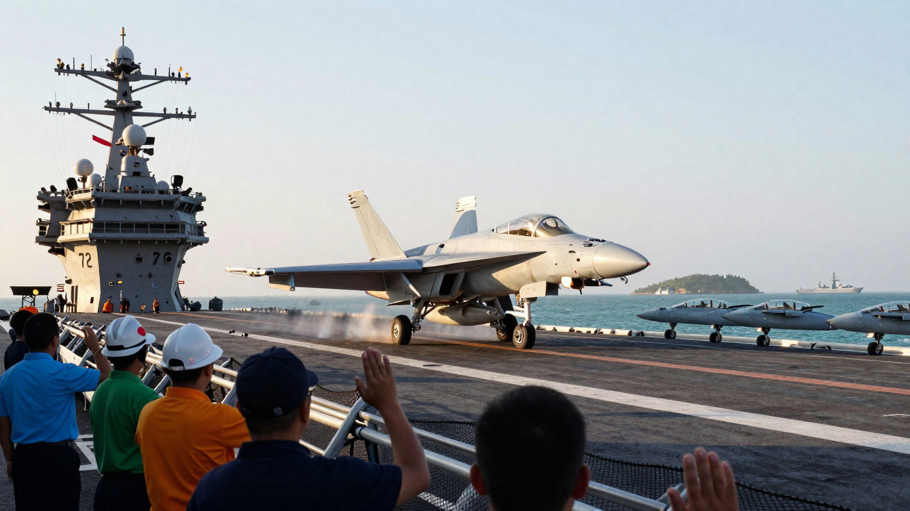 Caças militares decolam do convés de porta-aviões enquanto tripulação observa ao lado do mar.