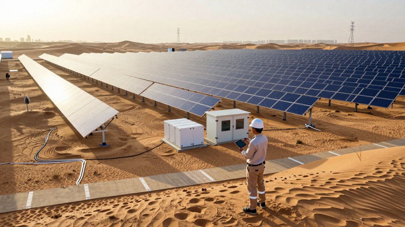 Homem com capacete observa painéis solares instalados em campo de área desértica ao entardecer.