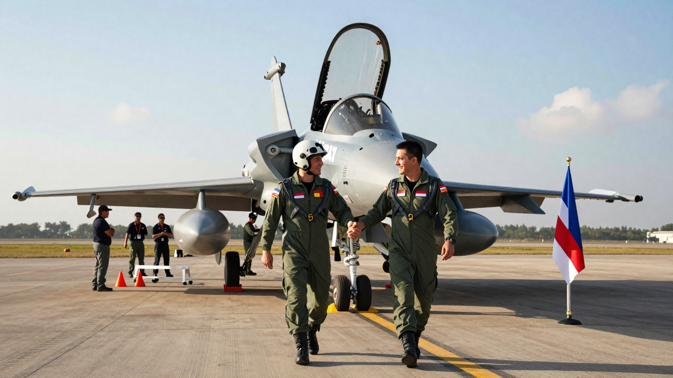 Dois pilotos militares caminhando de mãos dadas na pista, com caça atrás e bandeira ao lado.