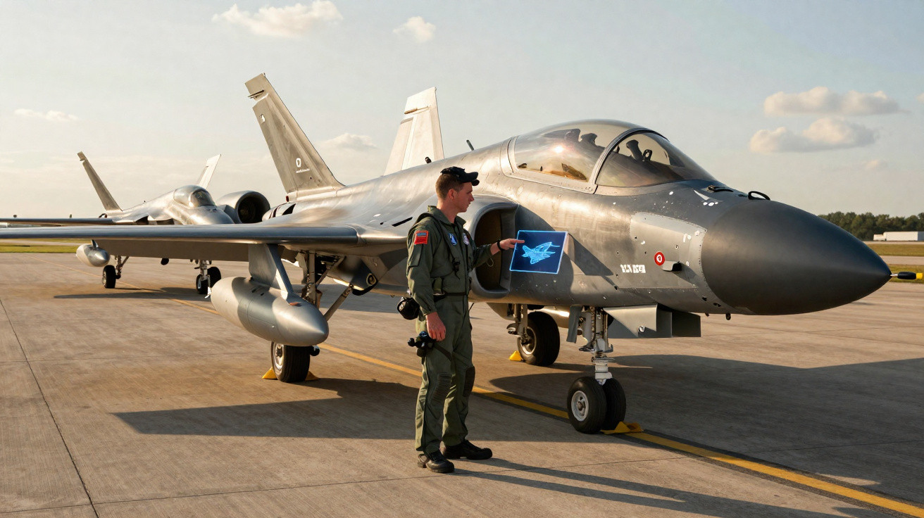 Piloto militar em uniforme verde aponta para imagem digital de caça diante de aeronave estacionada em pista.