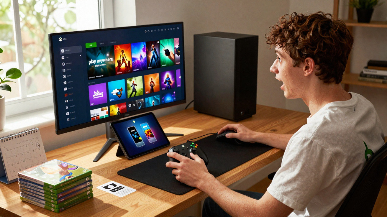 Jovem sentado em mesa usando controle para jogar em monitor com jogos da Xbox exibidos na tela.