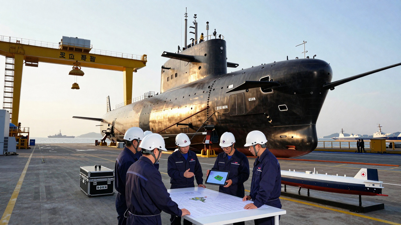 Cinco técnicos com capacetes trabalham em mesa com projeto, próximo a submarino preto em doca naval.