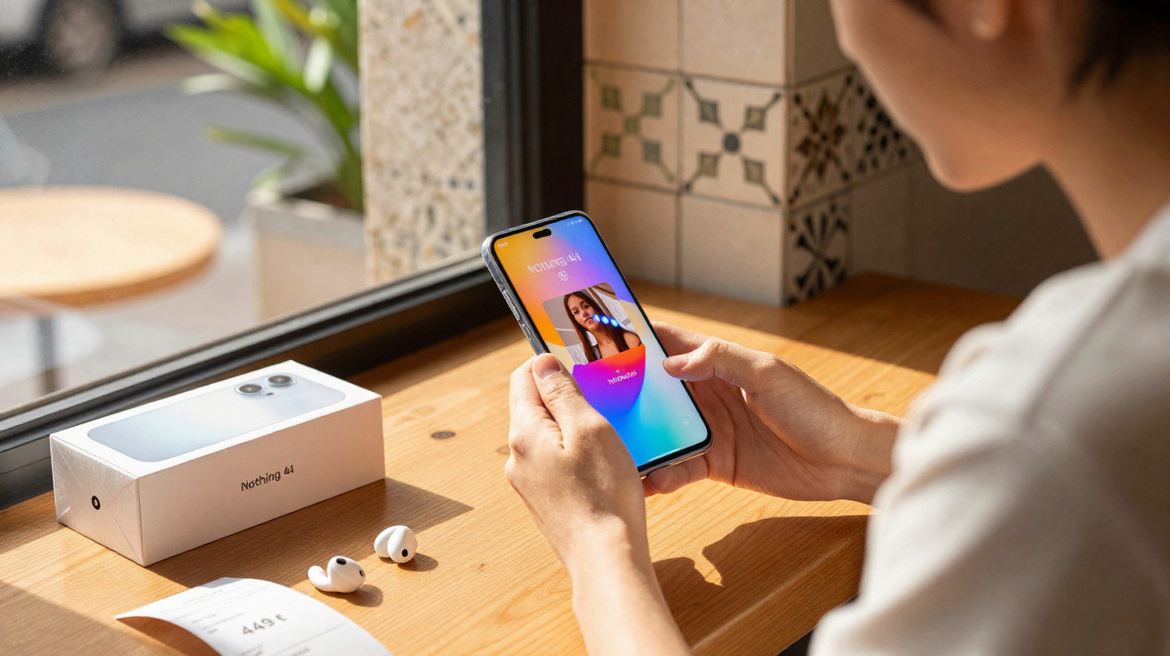 Pessoa segurando celular com vídeo chamada aberta ao lado de caixa e fones sobre mesa de madeira.