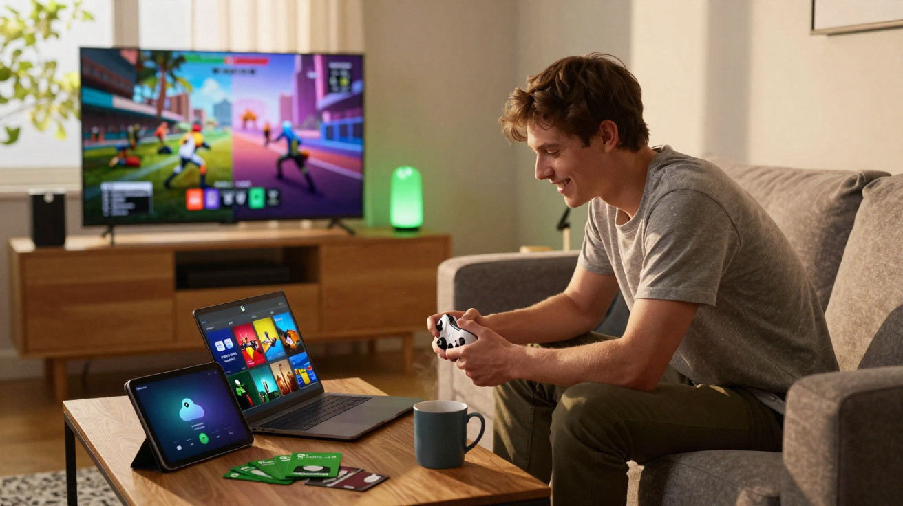 Jovem jogando videogame sentado no sofá, com laptop, tablet, cards e caneca sobre a mesa de madeira.