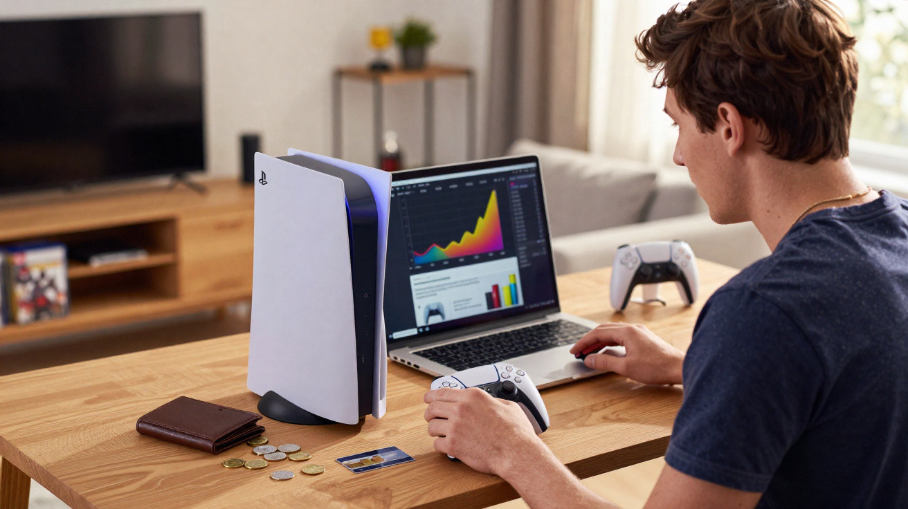 Homem sentado à mesa usando controle de PlayStation próximo ao console PS5 e laptop com gráficos na tela.