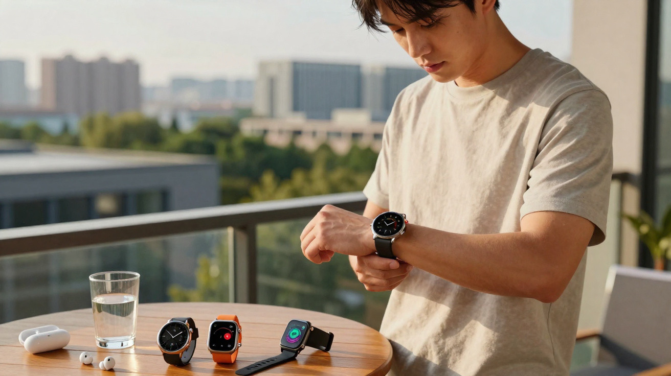 Jovem ajusta relógio inteligente no pulso com mesa ao ar livre e três smartwatches expostos.