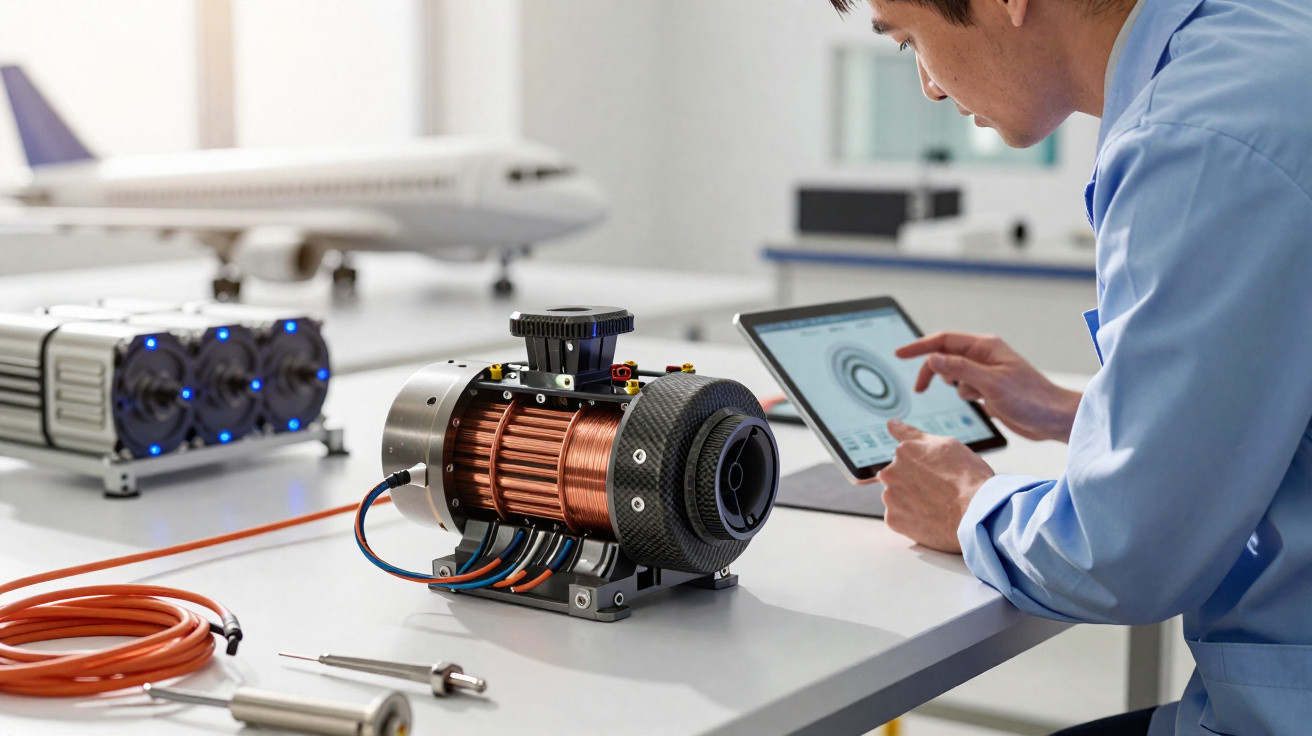Engenheiro analisa dados em tablet ao lado de motor elétrico em bancada com modelo de avião ao fundo.