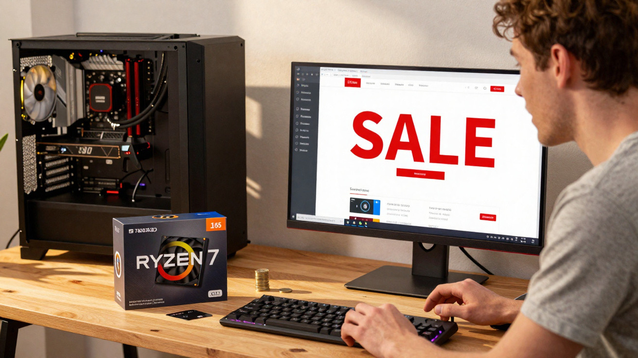 Pessoa vendo promoção de computador na tela e caixa de processador Ryzen 7 na mesa.
