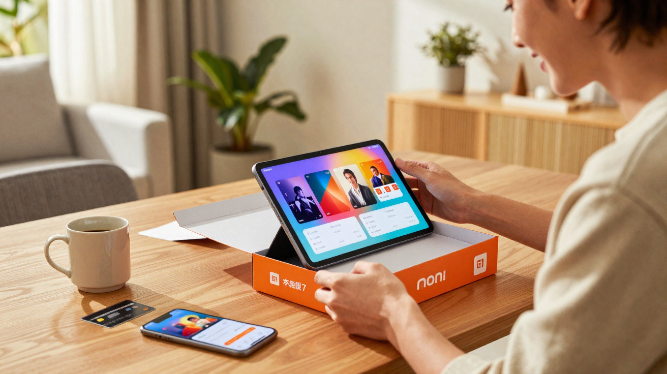 Pessoa usando tablet em suporte sobre caixa laranja na mesa com xícara e celular ao lado.