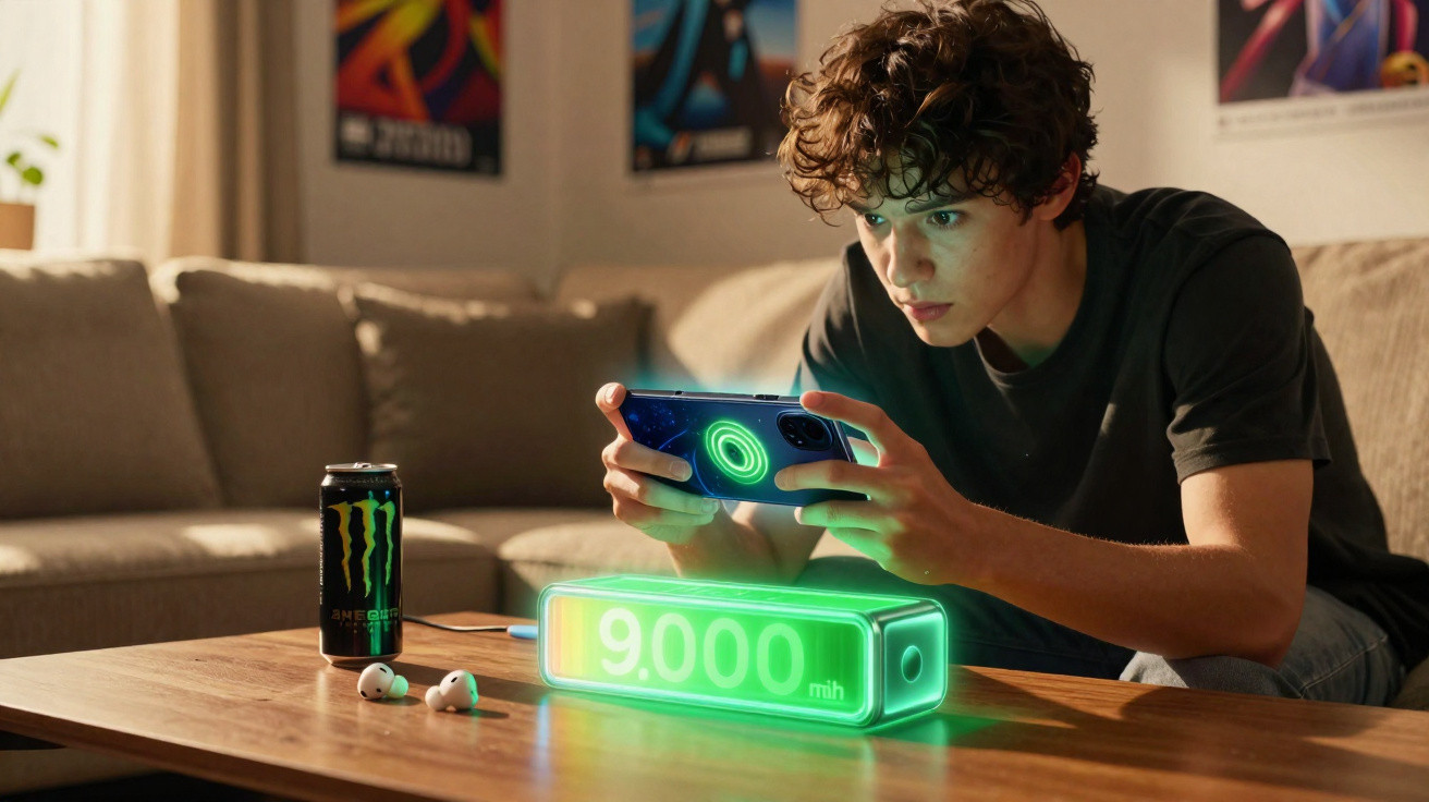 Jovem jogando no celular com contador digital luminoso de 9.000 mAh e lata de energético em mesa.