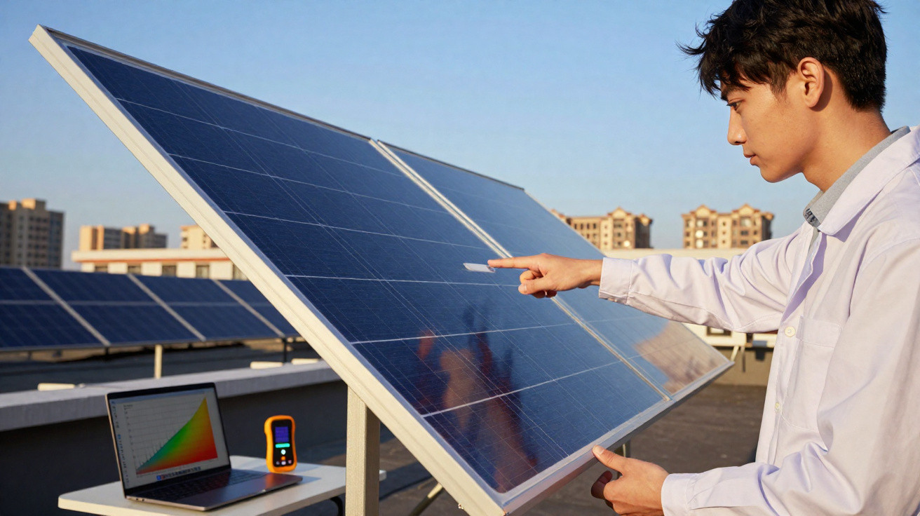 Jovem técnico inspecionando painel solar em telhado, com laptop e medidor ao lado durante o dia.