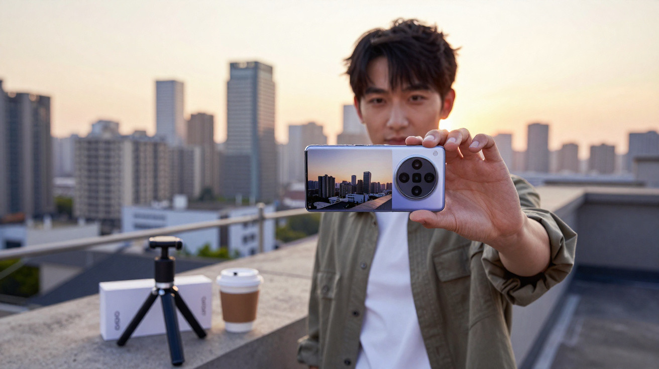 Jovem segurando smartphone com câmera tripla, mostrando paisagem urbana ao pôr do sol no reflexo.