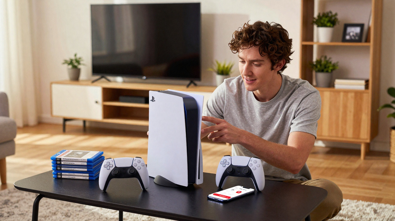 Homem sentado mexendo em console PlayStation 5 sobre mesa com dois controles e jogos.