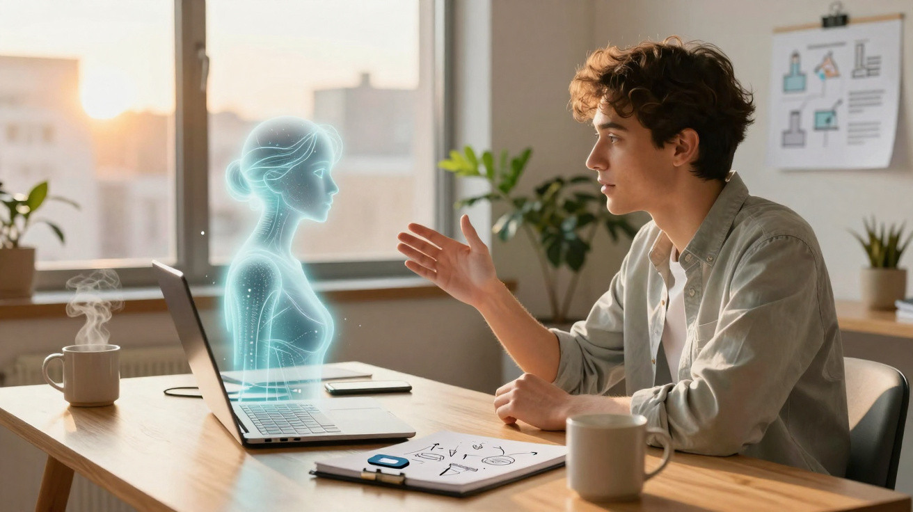 Homem conversa com holograma feminino projetado sobre laptop em ambiente de escritório moderno.