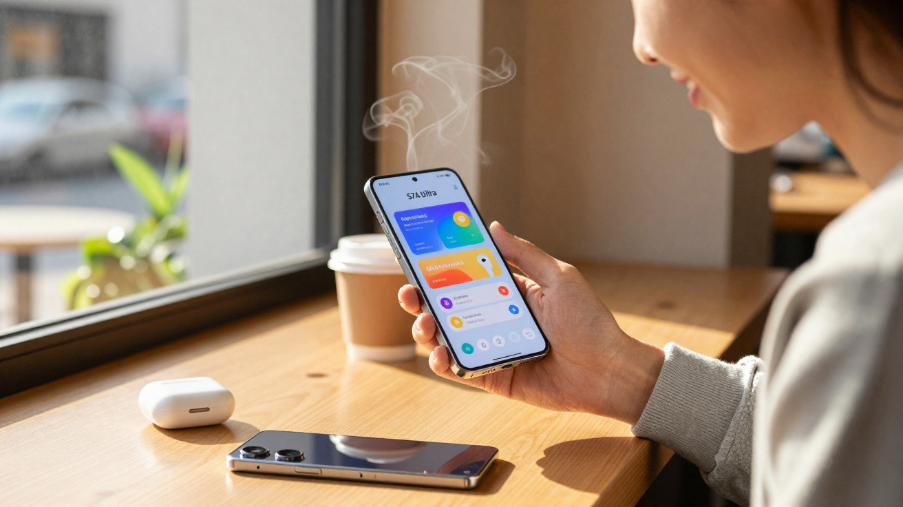 Pessoa usando smartphone com aplicativo aberto em mesa de madeira ao lado de fones e copo de café.