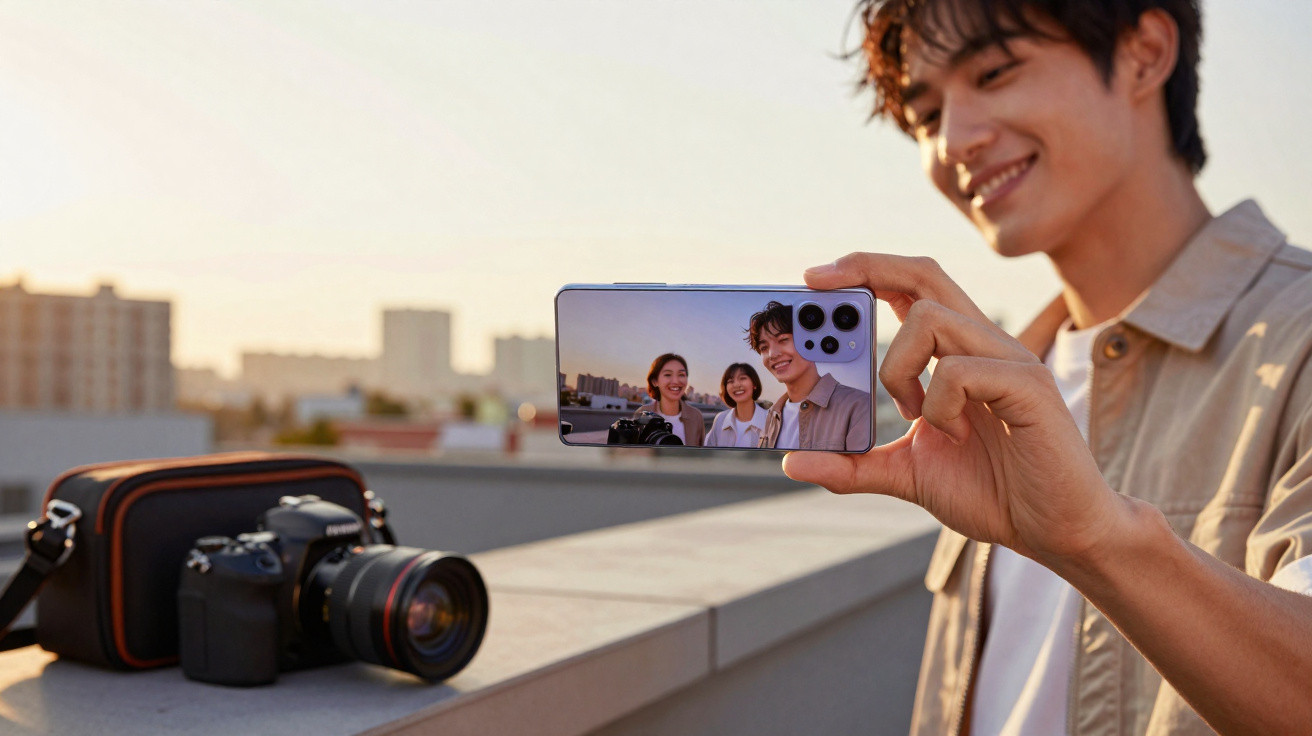 Jovem sorridente segurando celular para tirar selfie com duas pessoas ao ar livre em entardecer urbano.