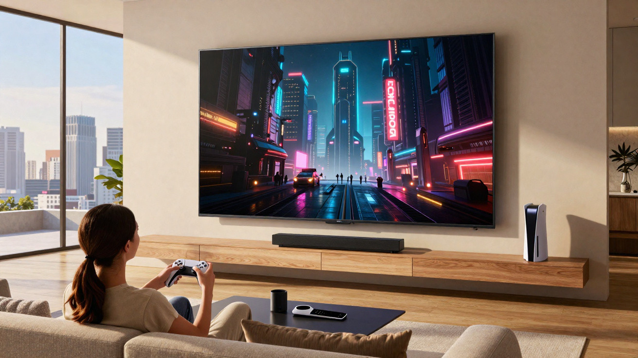 Mulher sentada no sofá jogando videogame em sala moderna com TV grande e videogame branco.