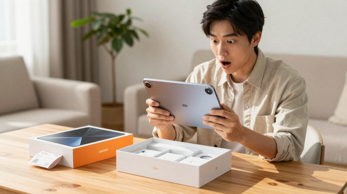 Homem surpreso segurando tablet Xiaomi após abrir caixa com acessórios em mesa de madeira.
