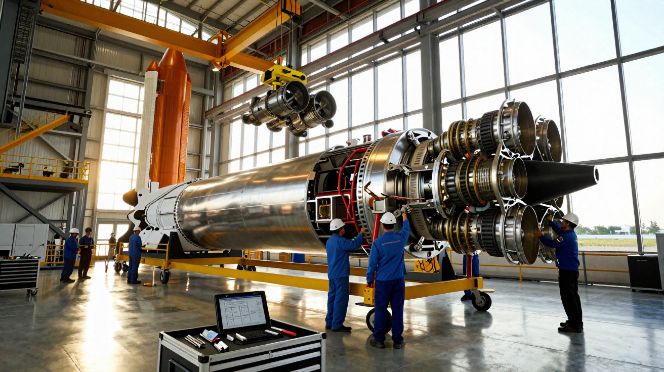 Funcionários com capacetes trabalham na montagem de motor de foguete em grande hangar industrial.