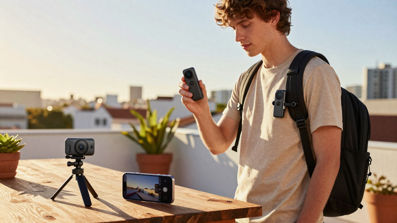 Jovem com mochila utiliza câmeras 360 graus em mesa de madeira em ambiente externo ensolarado.