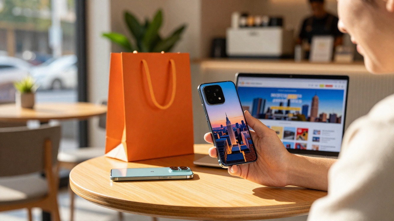 Pessoa segurando celular com imagem de cidade, ao lado de outra linha sobre mesa com sacola laranja e notebook aberto.
