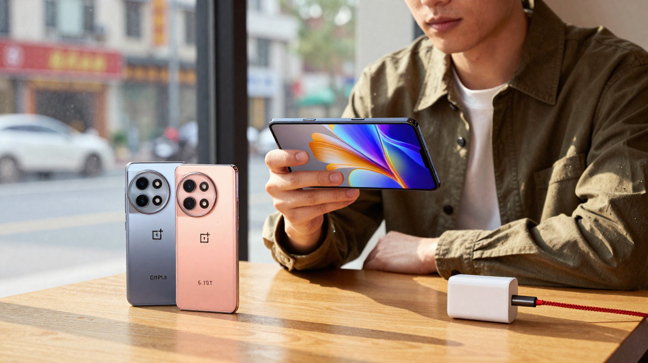 Pessoa segurando smartphone OnePlus em mesa com dois smartphones OnePlus exibidos em pé e carregador conectado.