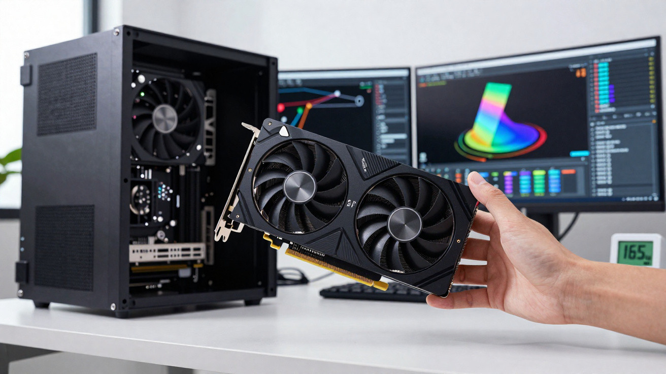 Mão segurando placa de vídeo diante de gabinete aberto e dois monitores com gráficos coloridos na mesa branca.