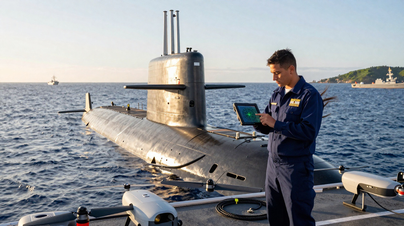 Marinheiro operando tablet perto de submarino no mar ao pôr do sol.