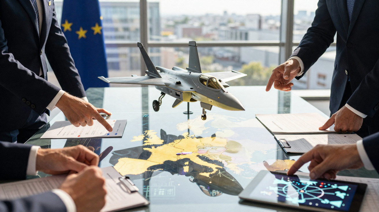 Mesa com mapa da Europa, modelo de avião militar e pessoas em reunião apontando documentos e tablet.