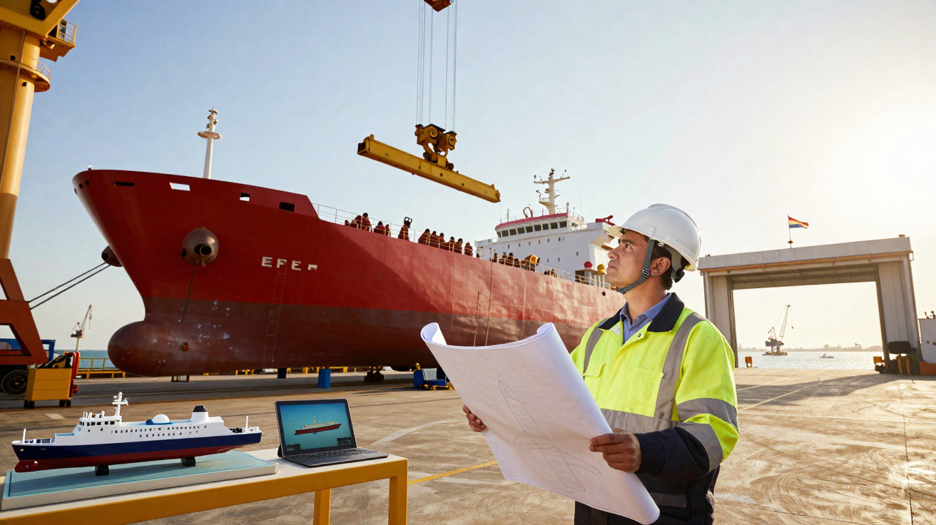Engenheiro naval com capacete e colete refletivo observa o porto enquanto verifica planta de navio vermelho.