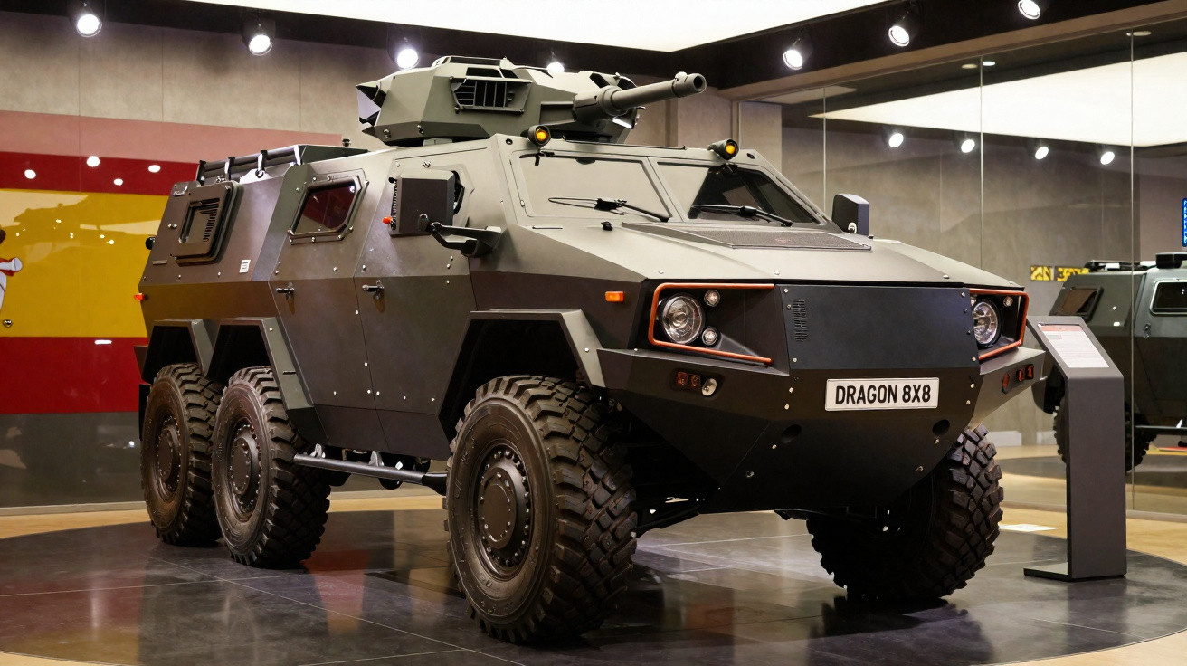 Veículo blindado militar Dragon 8x8 exposto em ambiente interno com iluminação branca.