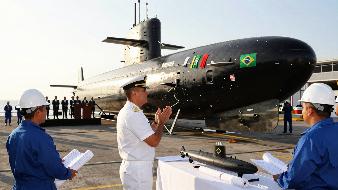 Oficiais inauguram submarino brasileiro com miniatura e público ao fundo em área externa.