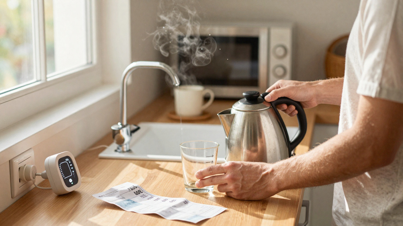 Pessoa segurando chaleira elétrica para encher copo com água quente em cozinha moderna.