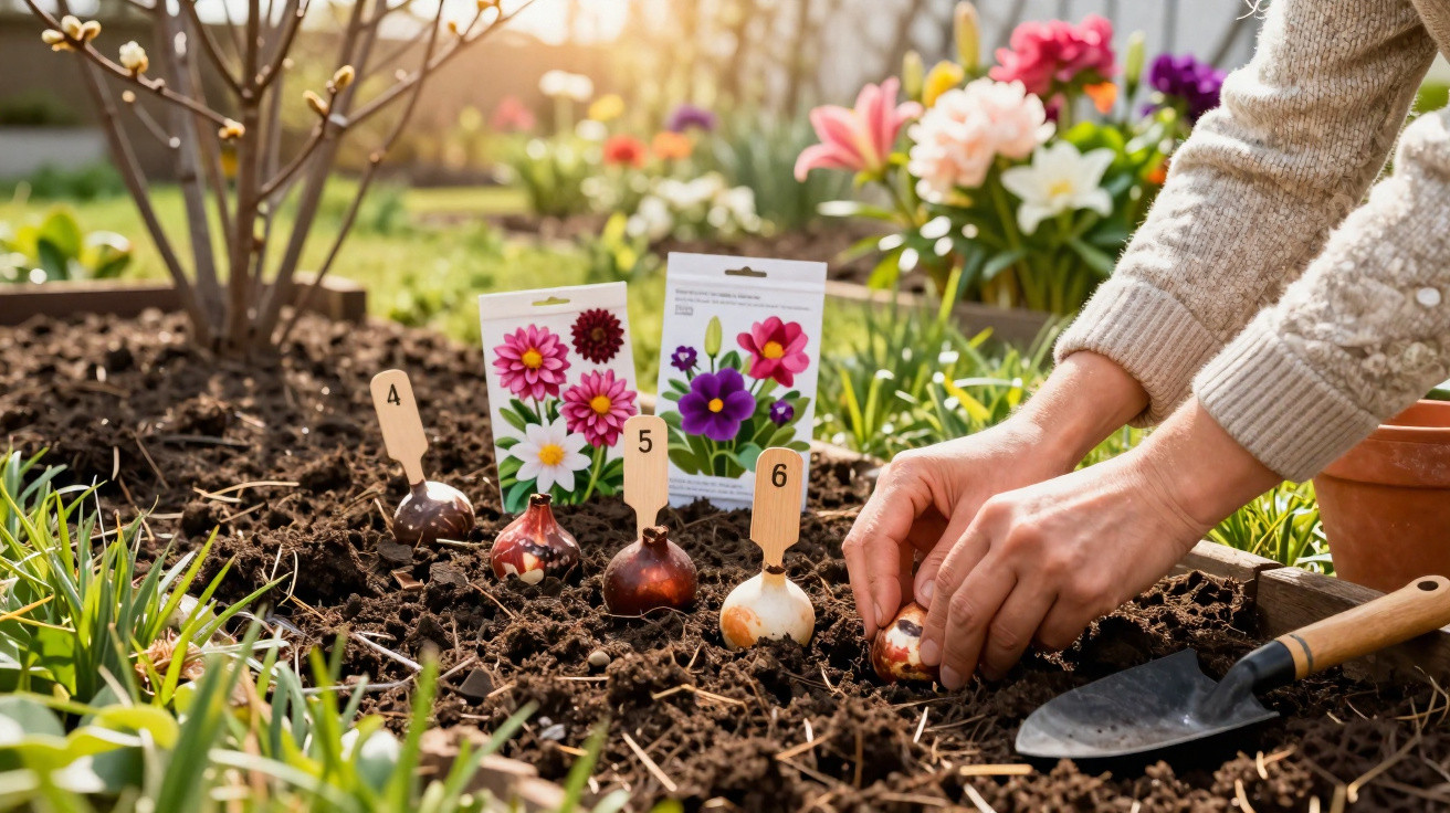 Mãos plantando bulbos de flores no jardim, com etiquetas numeradas e pacotes de sementes ao fundo.