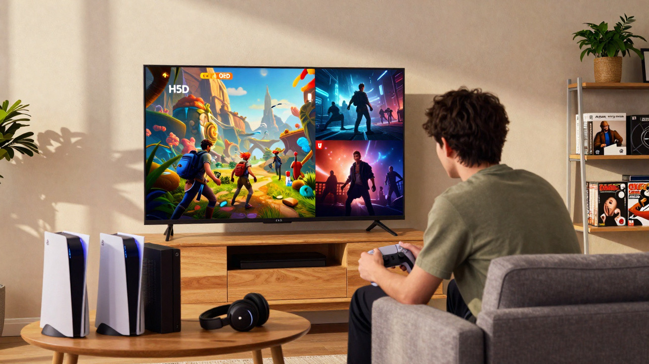 Jovem jogando videogame em sala com TV grande, dois consoles e fone de ouvido sobre mesa de madeira.