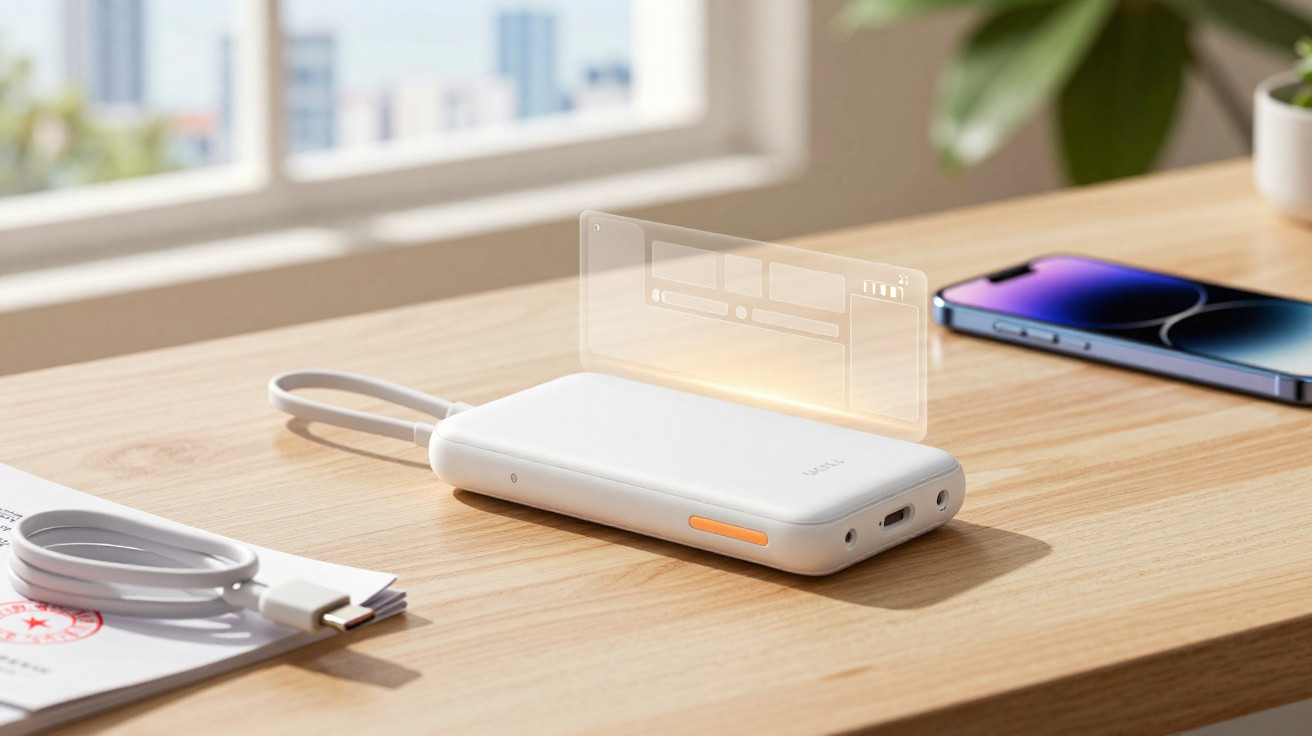 Bateria portátil branca com cabo USB, celular ao lado, em mesa de madeira próxima a janela.