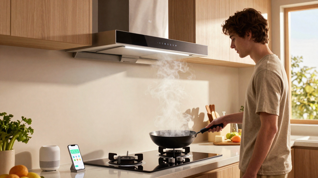 Jovem cozinhando em fogão de vidro em cozinha moderna com coifa, plantas e smartphone na bancada.