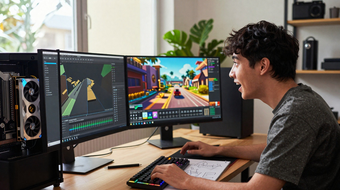 Jovem sentado em mesa com computador dual monitor criando animação ou jogo digital colorido.