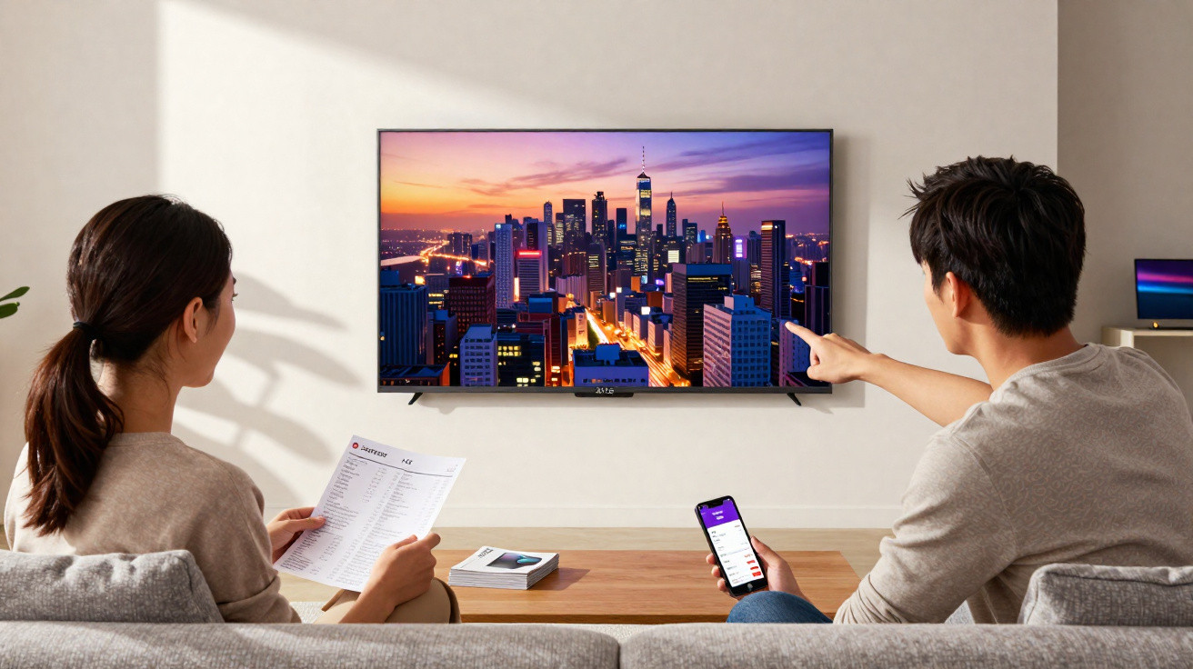 Casal sentado no sofá assistindo a uma televisão grande que exibe a imagem de uma cidade iluminada ao entardecer.