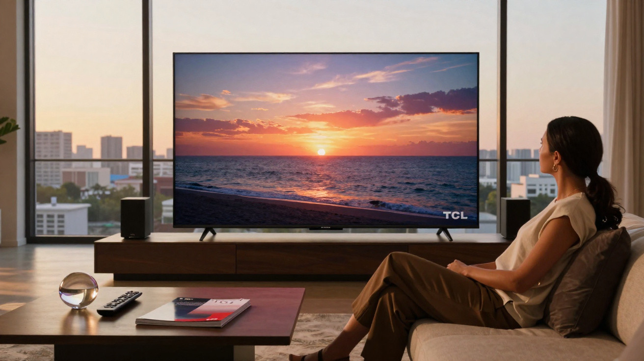 Mulher sentada em sofá assistindo TV que mostra pôr do sol na praia em sala moderna com janelas grandes.
